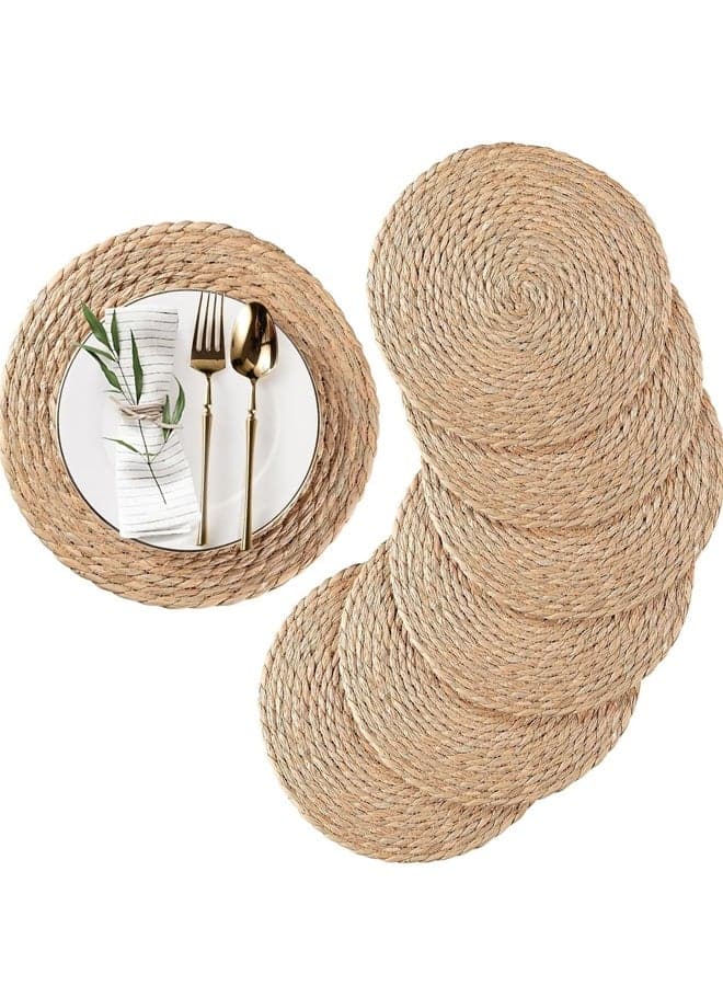 Round Woven Placemats 12 cm Set of 6 - Boho Rattan Placemats Natural Water Hyacinth Placemat, Farmhouse Weave Place Mats, Rustic Braided Wicker Table Mats for Dining Table,Home,Wedding