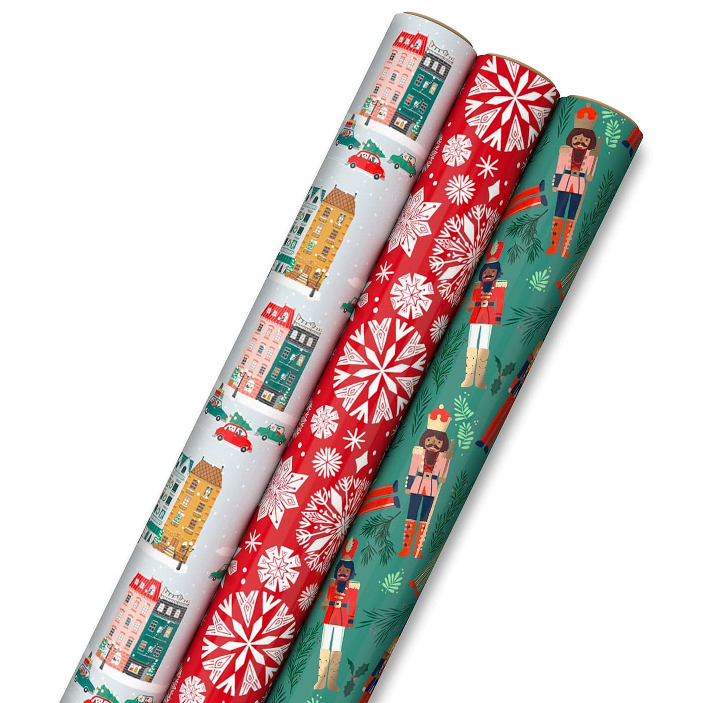 Hallmark Christmas Wrapping Paper with Cutlines on Reverse 3 Rolls 120 Sq Ft Total Winter City Scene Rustic Snowflakes on Red Nutcrackers with Foliage