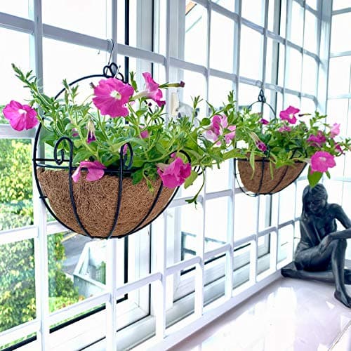Shoplala Wall Hanging Planter for Outdoor (2 Pack, 10 Inch) Black Metal Hanging Flower Basket for Plants, Wall Planters with Coco Liner Indoor Wall Mounted Plant Holder Outside Balcony Fence Rail Deck