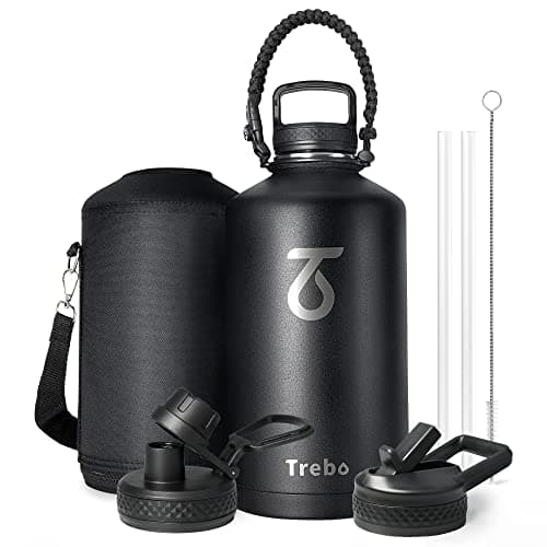 Trebo One Gallon Water Bottle Insulated with Paracord Handle128oz Large Vacuum Double Wall Stainless Steel Insulated Jug with Straw Spout Handle Lids Leakproof Keep Cold HotBlack