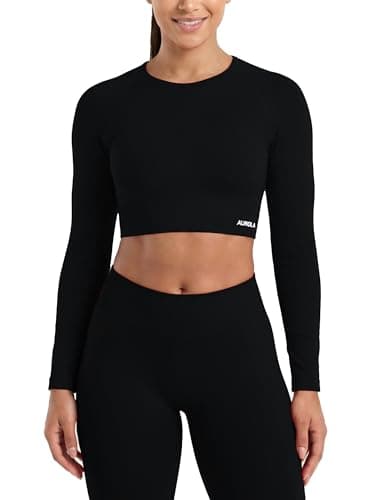 AUROLA Serpent Snake Long Sleeve Shirts for Women Seamless Workout Crop Tops Crew Neck Cropped T Shirt Athletic YogaSolidBlackXS