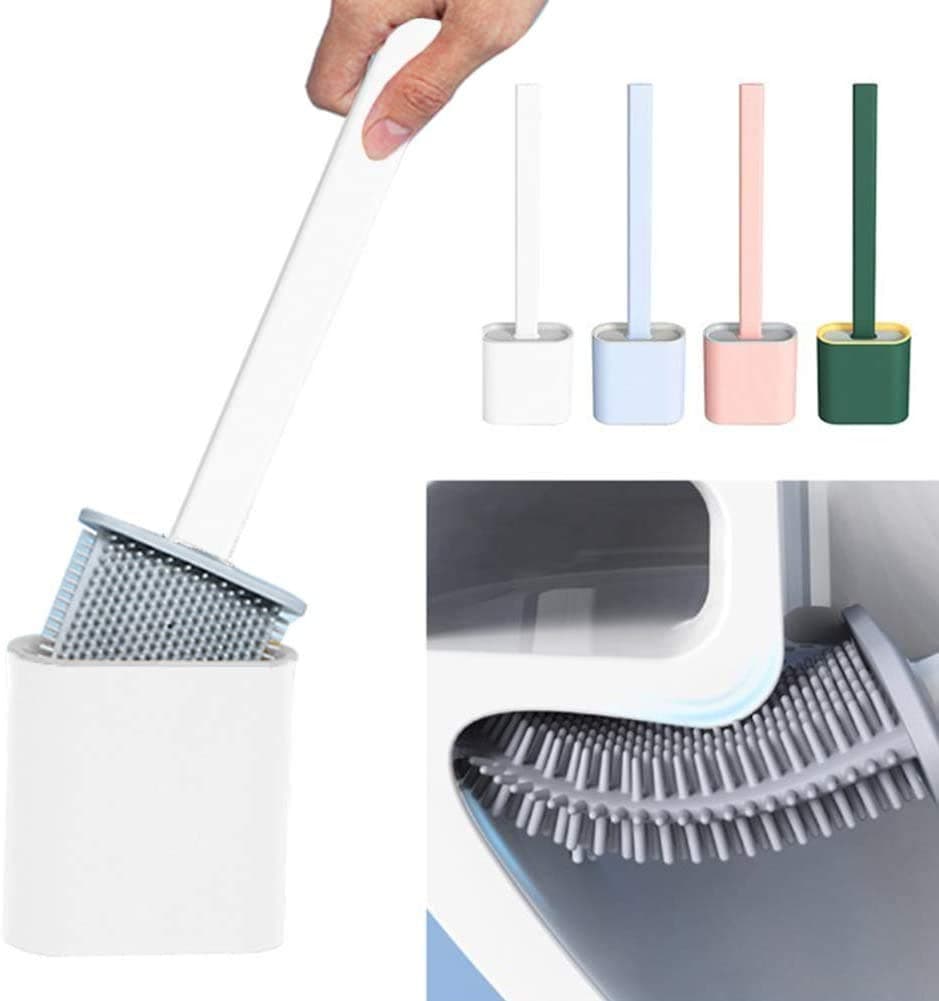 SEAHAVEN Silicone Toilet Brush with Holder Set Flat Head Flexible Soft Bristles Brush with Quick Drying Holder Set for Bathroom Accessory