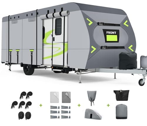 Heavy Duty 8 Layers RV Cover 24-27ft, Rip-Stop Motorhome Camper Cover with Windproof Straps, Gutter & Tongue Jack Covers, Utility Travel Trailer Cover for All Weather Protection