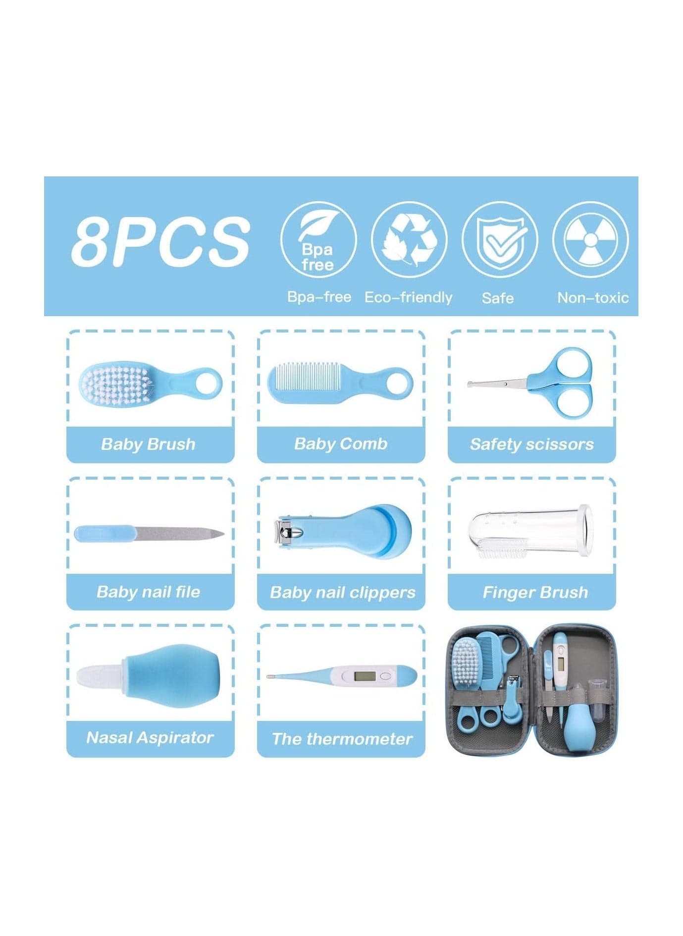 8 Pack Baby Grooming kit Newborn Baby Care Accessories With Zipper Box Baby Hair Nail Thermometer Care Set Baby Healthcare Set For Newborn Infant Toddler Girls And Boys Blue