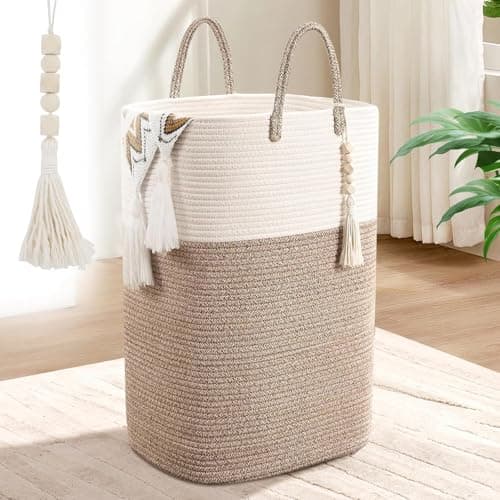 Woven Laundry Basket for Clothes, 50L Large Rectangle Laundry Hampers with Beads Tassel, Nursery Storage Basket for Toys, Tall Dirty Clothes Hamper for Bedroom Aesthetic, Laundry Room Organization
