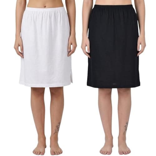 Aimly Women's Cotton Knee Length Skirt - White & Black (Pack of 2)