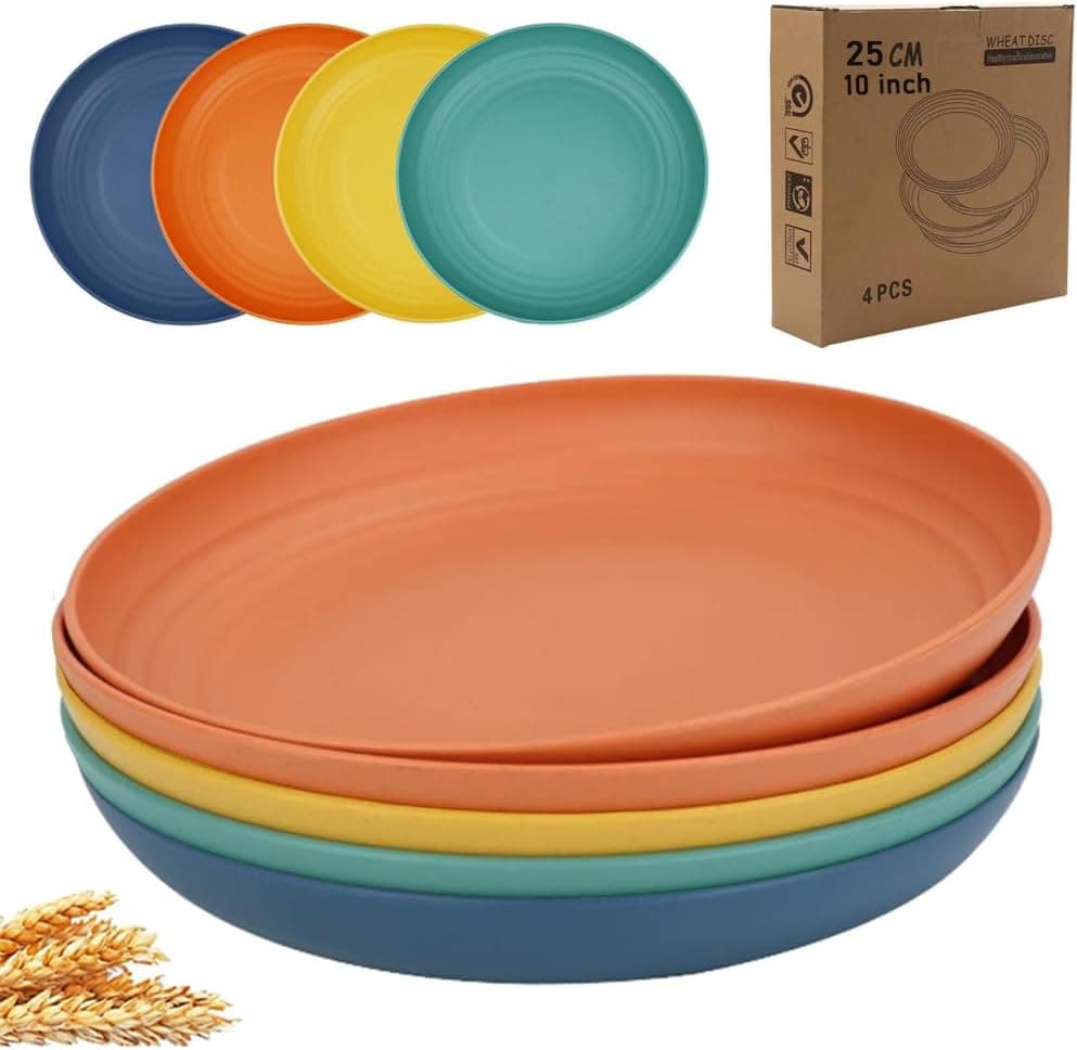 K Y KANGYUN 10 Inch Unbreakable Wheat Straw Dinner Plates Set of 4 Dishwasher Safe Perfect for Camping and Dinner Dishes BPA Free