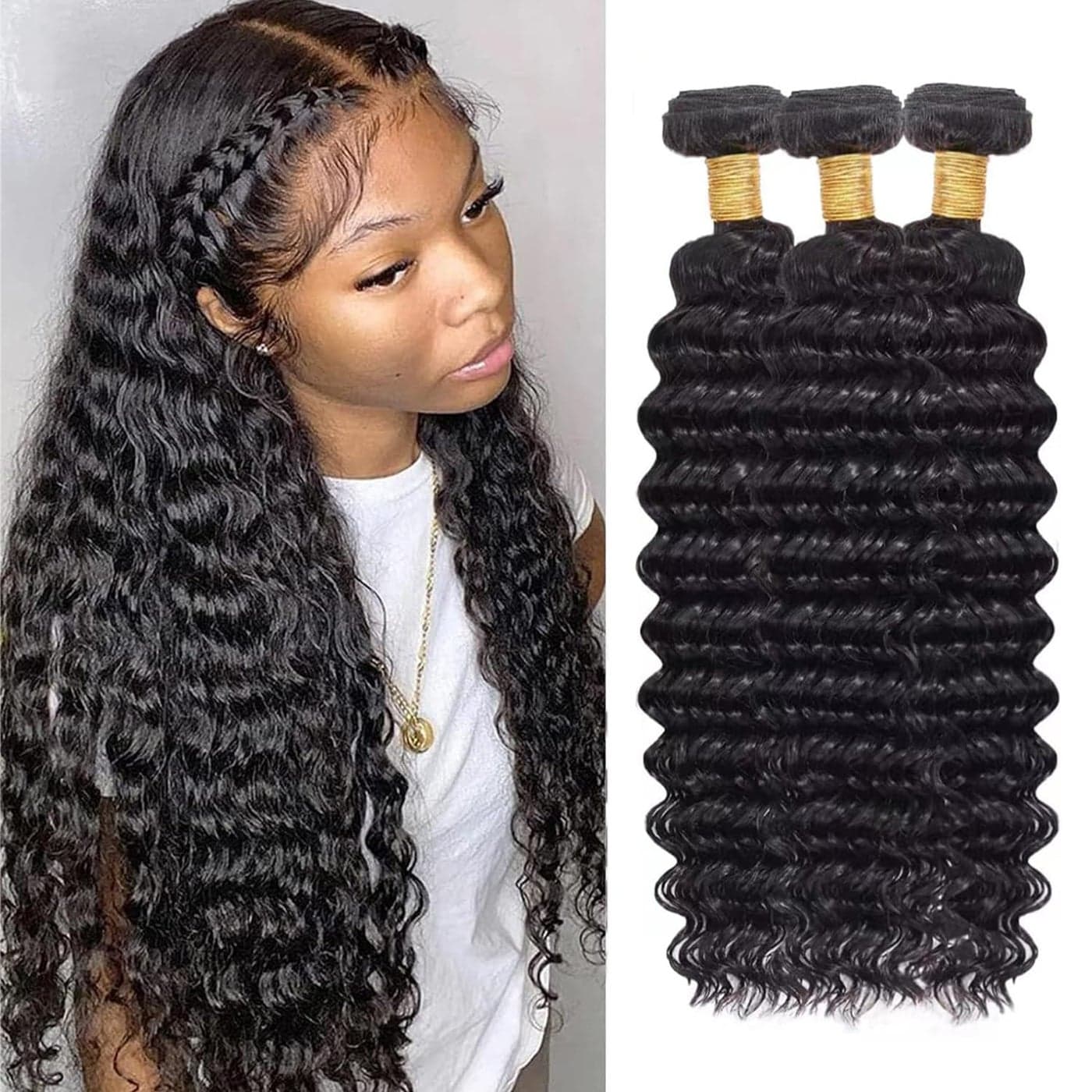 Human Hair Bundles Deep Wave 16 18 20 Inch Curly Bundle Human Hair 100 Unprocessed Brazilian Virgin Hair 3 Bundles for Women Wet and Wavy Hair Bundle Weave Extensions Natural Black