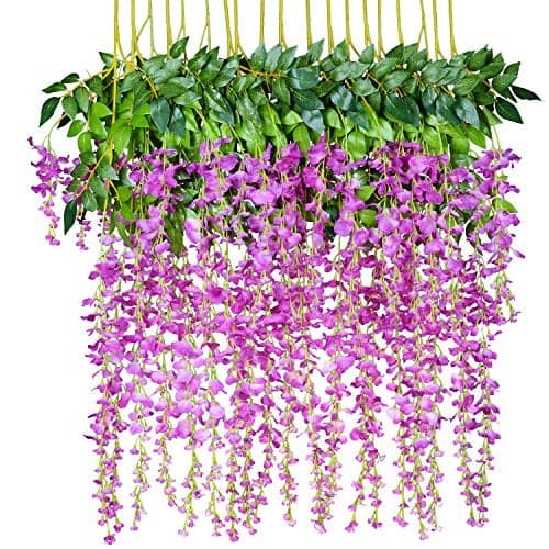 DearHouse Silk Wisteria Vine Ratta Hanging Artificial Flowers Garden - 12 Pack, 3.6 Feet, Purple