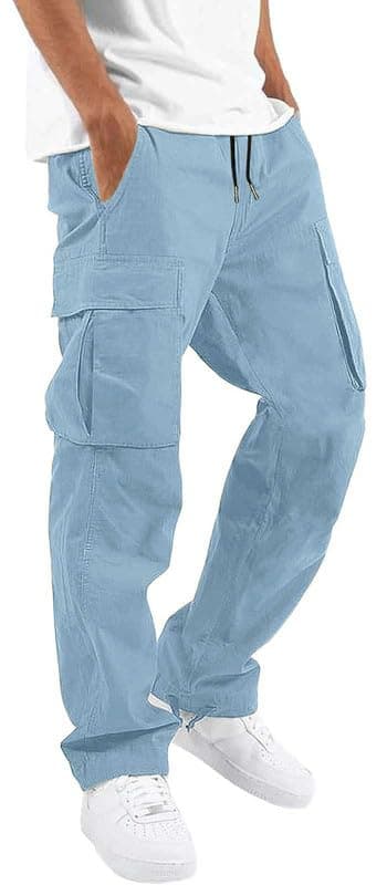 ALLABREVE Mens Casual Joggers Pants Hiking Drawstring Chino Cargo Pants Lightweight Outdoor Twill Track Jogging Sweatpants Cotton Loose Straight Leg Pants (Light Blue 32)