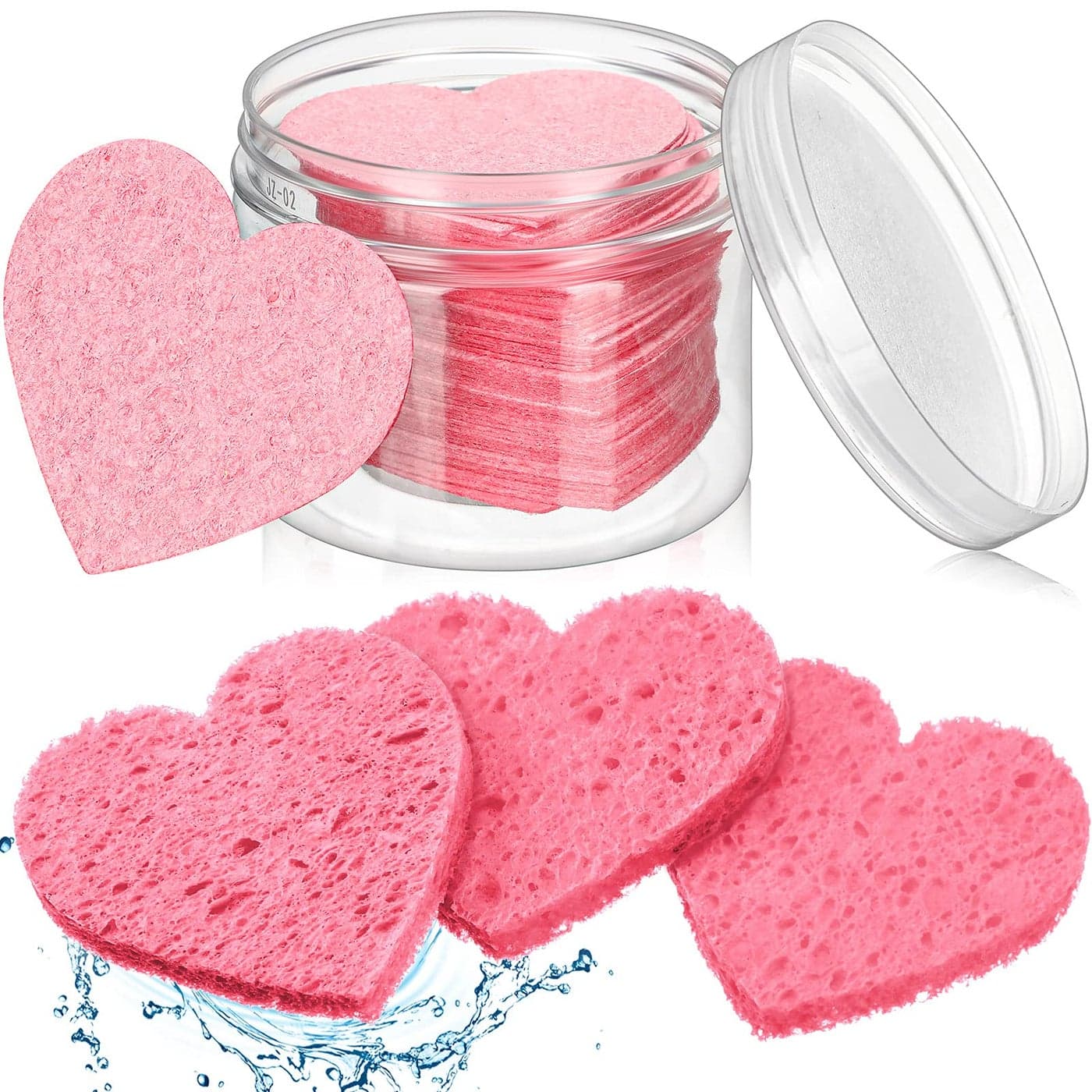 Nuenen 60 Pieces Facial Sponges with Container Heart Shape Compressed Face Sponges Natural Cleaning Pads for Washing Face Cleaning Exfoliating Esthetician Makeup RemovalPink