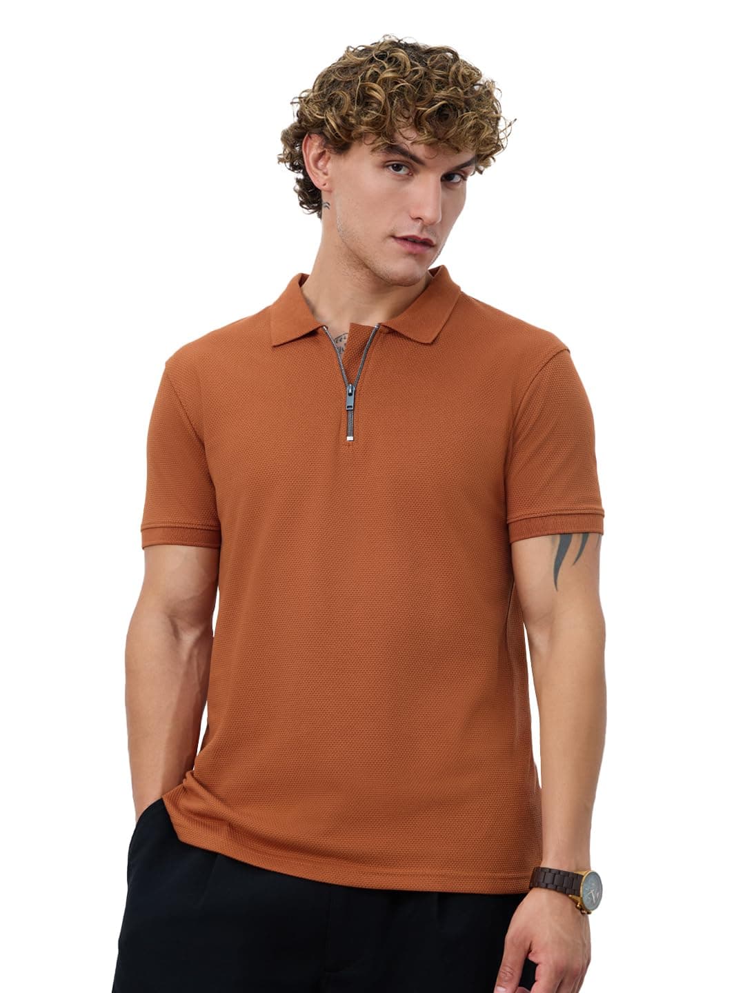 The Souled Store Textured Polo: Burnt Orange Men and Boys Short Sleeves Collared Neck Solid Cotton Blend Regular Fit Zipper Polos