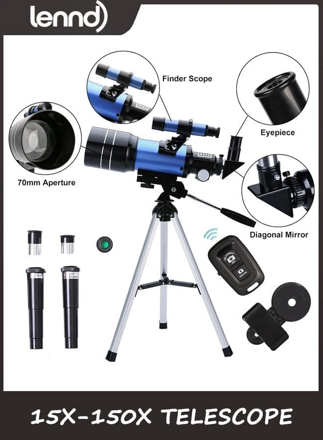 LENND Telescope for Adults & Kids, 70mm Aperture (15X-150X) Portable Refractor Telescopes for Astronomy Beginners, 300mm Professional Travel Telescope with A Smartphone Adapter& Wireless Remote