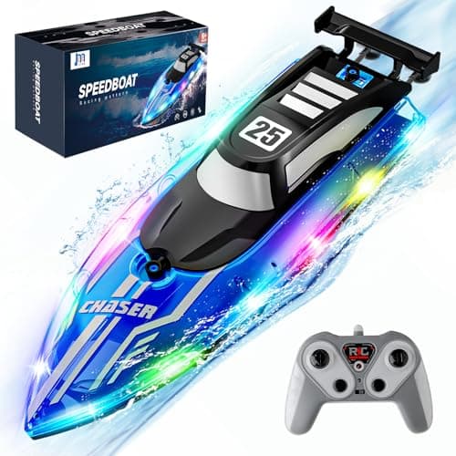 JOI MEW Remote Control Boat for Kids Fast RC Boat with LED Lights for Pools Lake 24GHz Racing Speed Remote Electric Boat for for Ages 812 Waterproof Summer Outdoor Fun for Boys Girls