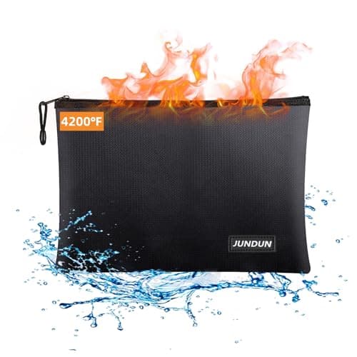 JUNDUN Fireproof Document Bags,14.2”x 10.0”Waterproof and Fireproof Money Bag with Aluminum Foil Lining,Fireproof Safe Storage Pouch with Zipper for Document and Cash,Black