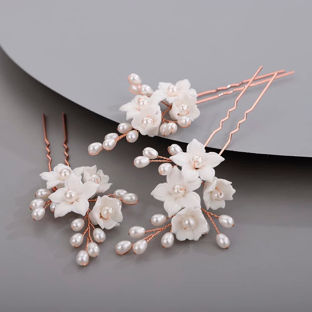 Bridal Flowers Leaves Hair Pins for Bride Women Dainty Pearls Beads Hair Pins for Girls ROSE GOLD 3 pcs