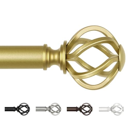 USFOOK Gold Curtain Rod 32 to 58 Inches (2.6 to 4.8 ft), Decorative Curtain Rods for Windows, 7/8 Inch Telescoping Splicing Drapery Rods with Twisted Cage Finials