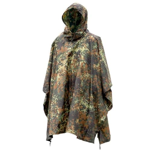 Mil-Tec Adult Ripstop Wet Weather Waterproof Multi-Use Rain Poncho with Hood - Use as Bivouac Sack, Shelter Tent - Flecktarn