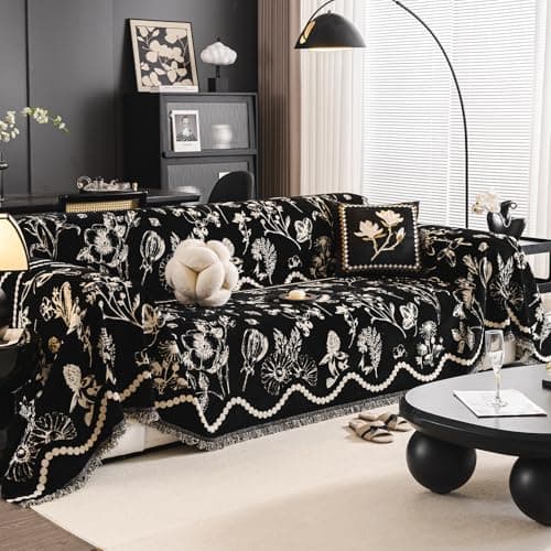 DREAMINGO Black Floral Couch Cover Farmhouse Botanical Jacquard Sofa Covers for 2 Cushion Couch Cozy Chenille Living Room Furniture Loveseat Sectional Sofa Slipcovers Washable, Large 71"x118"