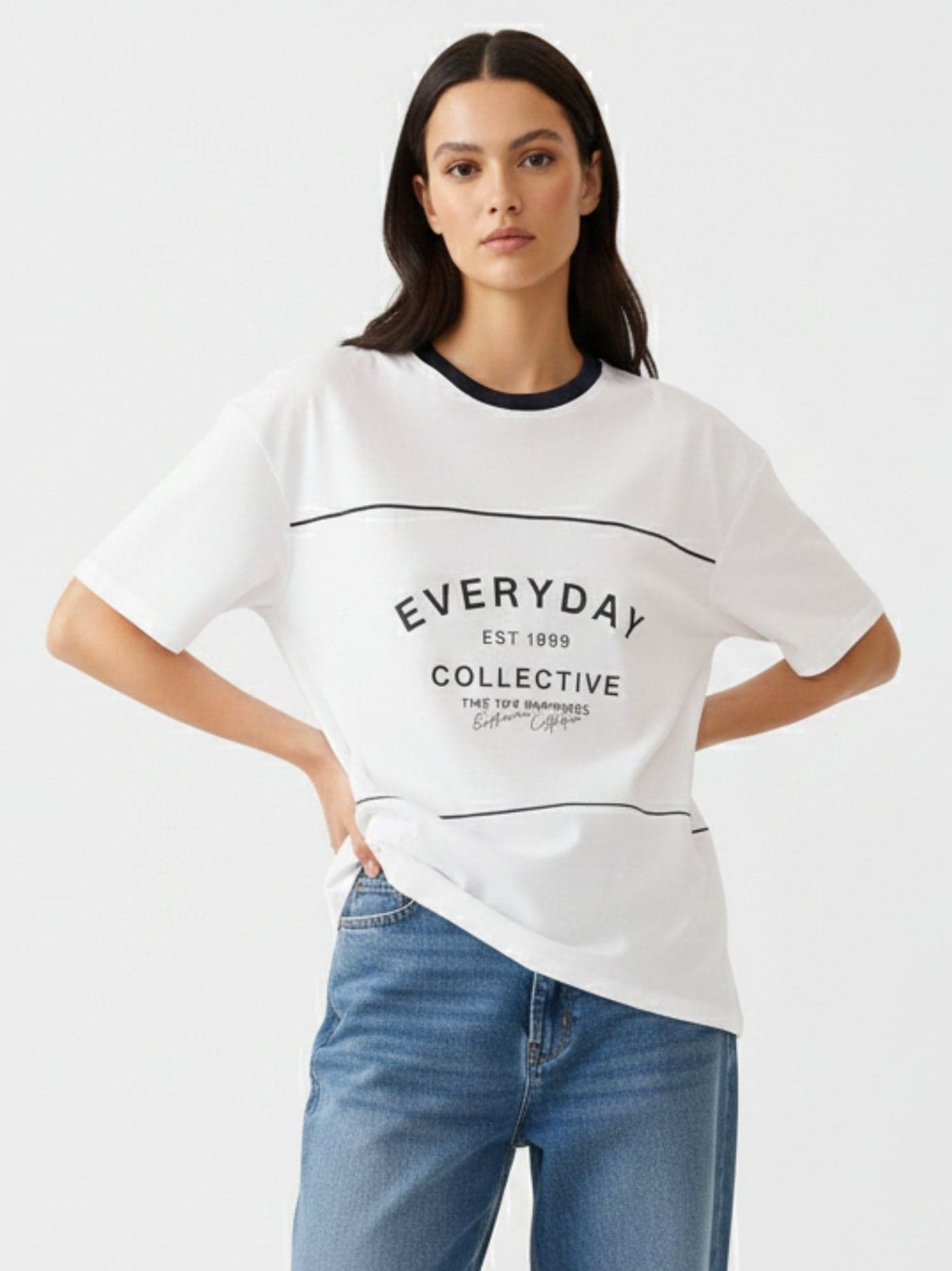 Navy Blue Oversized T-Shirt With Graphic And Cut & Sew Highlights