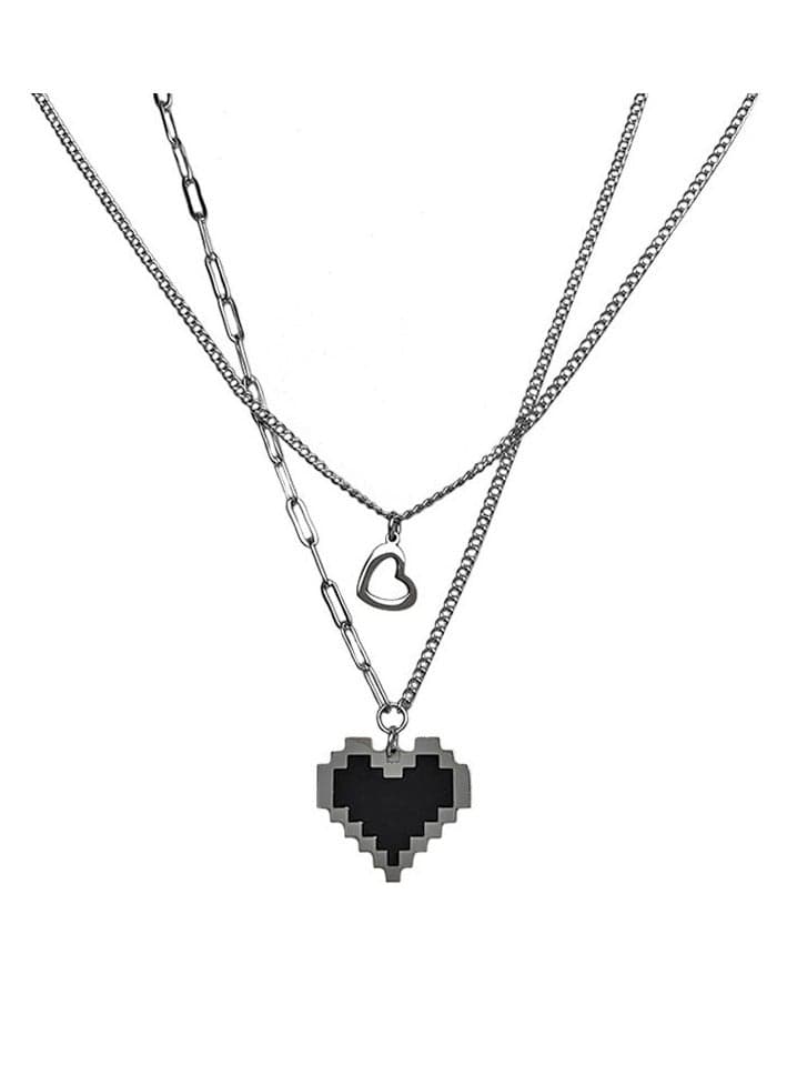 Dark Aesthetic Mosaic Heart Layered Necklace – Double Chain Hip-Hop Pendant for Cool Girls | INS Street Style