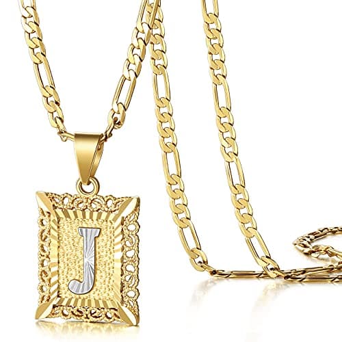 KissYan Initial Letter Pendant Necklace for Mens Womens, 14K Gold Plated Square Capital Monogram Necklaces Alhpabets from A-Z Figaro Chain Jewelry Gift(Hollow White Letter J)