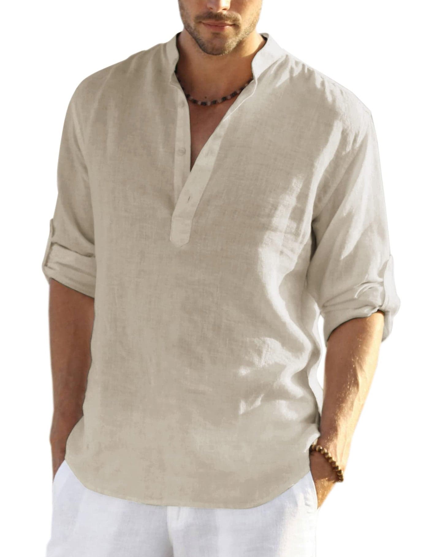 COOFANDY Men's Cotton Linen Henley T-Shirts Long Sleeve Hippie Casual Beach T-Shirts Light Khaki