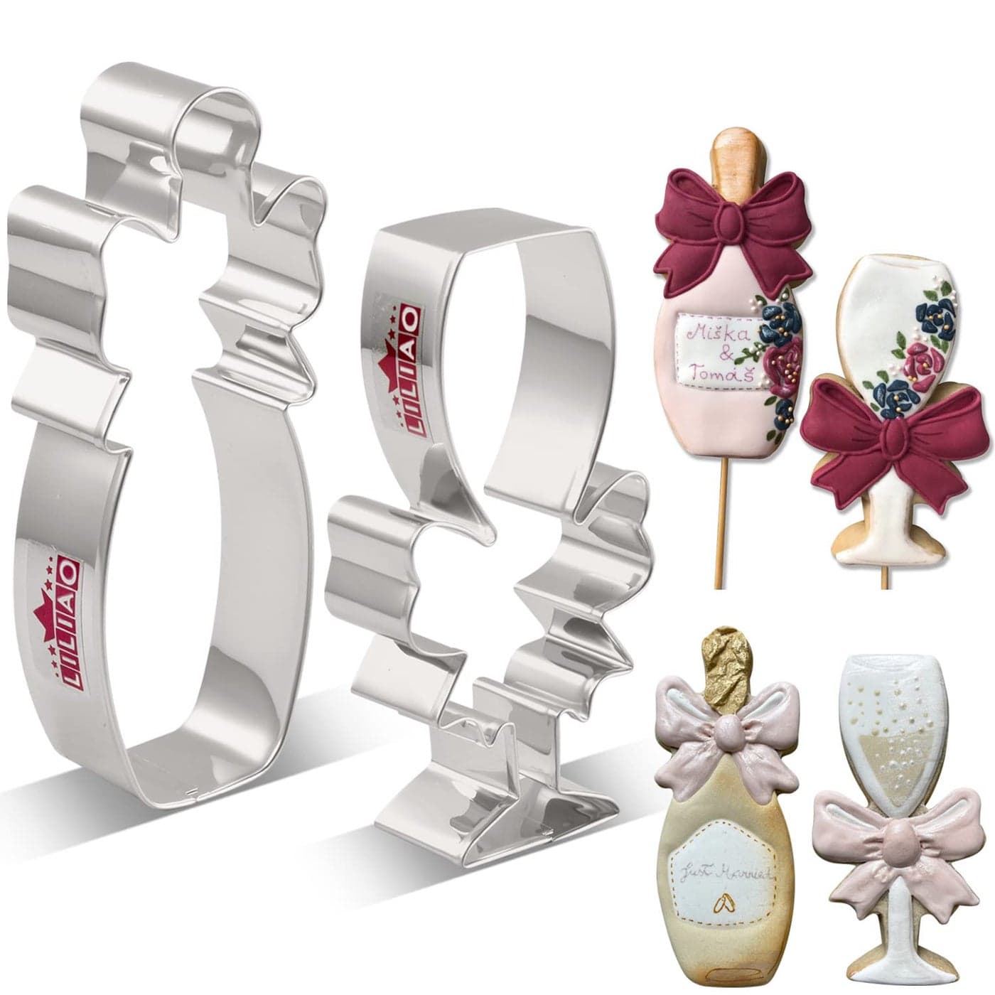 LILIAO Champagne and Champagne Glass with Ribbon Cookie Cutter for WeddingEngagement Stainless Steel