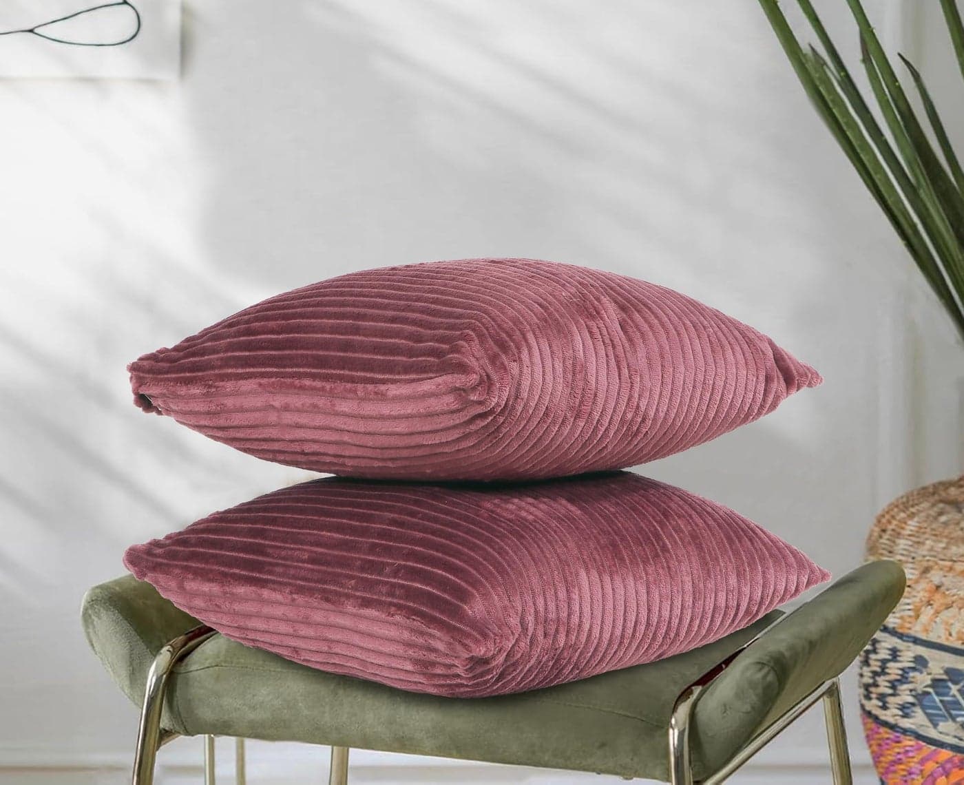 RD TREND® Cushion Cover Set of 2, Decorative Sofa Living Room Home Square Cushion Covers 16 Inch x 16 Inch, Aesthetic Corduroy Striped Double Sided (Wine)