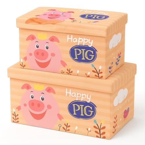 Coslifestore-Foldable Storage Box for Kids – Pack of 2- L and XL- Cartoon Storage Ottoman with Lid – Cute Happy Pig Design – Multipurpose Organizer for Toys, Clothes, Books (PEACH)