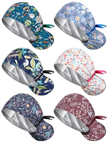 Floraltop 6 Pcs Satin Lined Scrub Caps Women Nurse Surgical Hat with Buttons Ponytail Working Adjustable Pouch Tie Back(Retro Style)