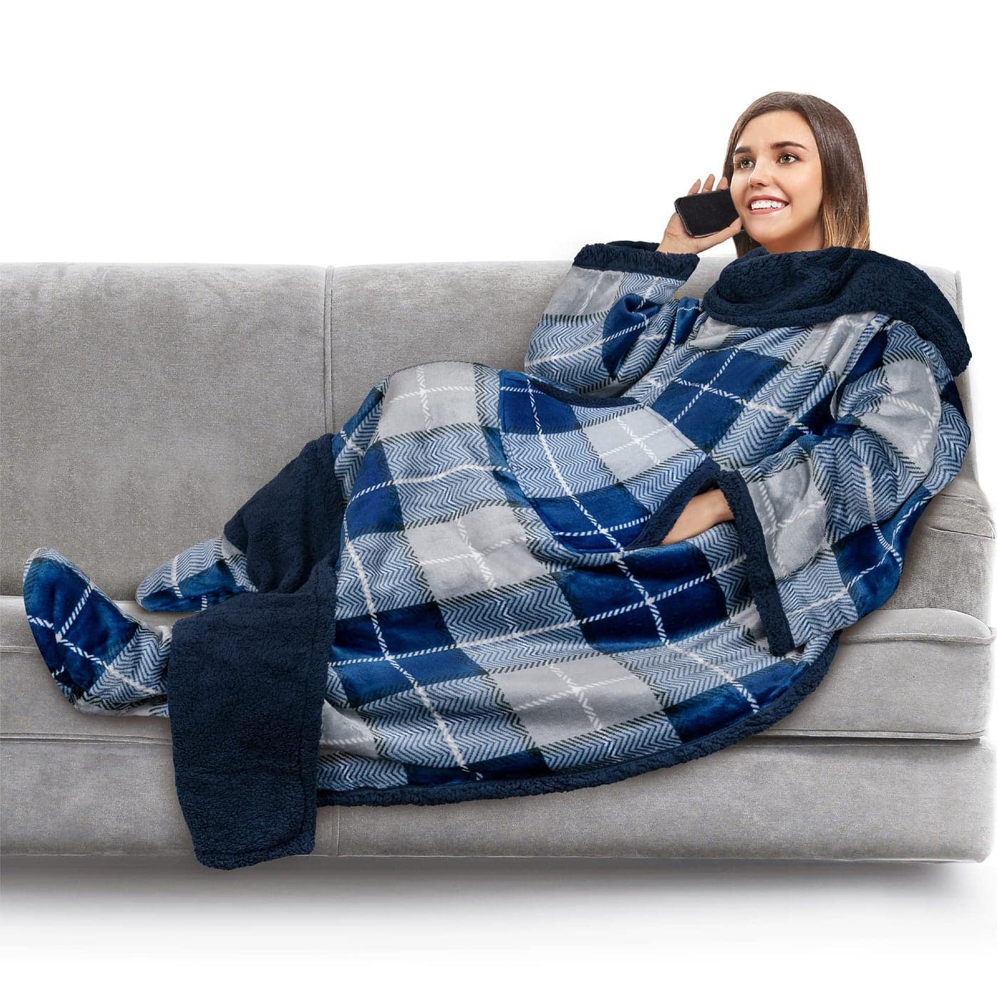 PAVILIA Sherpa Blanket with Sleeves Foot Pocket for Women Men Adults Thick Wearable Blanket Throw Wrap Fleece Warm Snuggle Blanket Robe Cozy Gift Ideas Wife Mom Plaid Blue