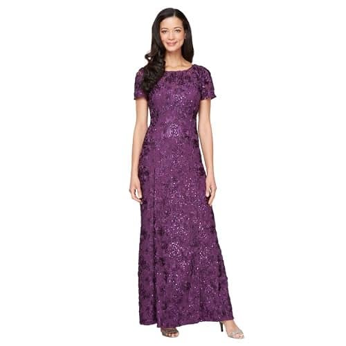 Alex Evenings Women's Long Rosette Mother of The Bride Dress with Short Sleeves, Wedding Guest, Eggplant, 12 Petite