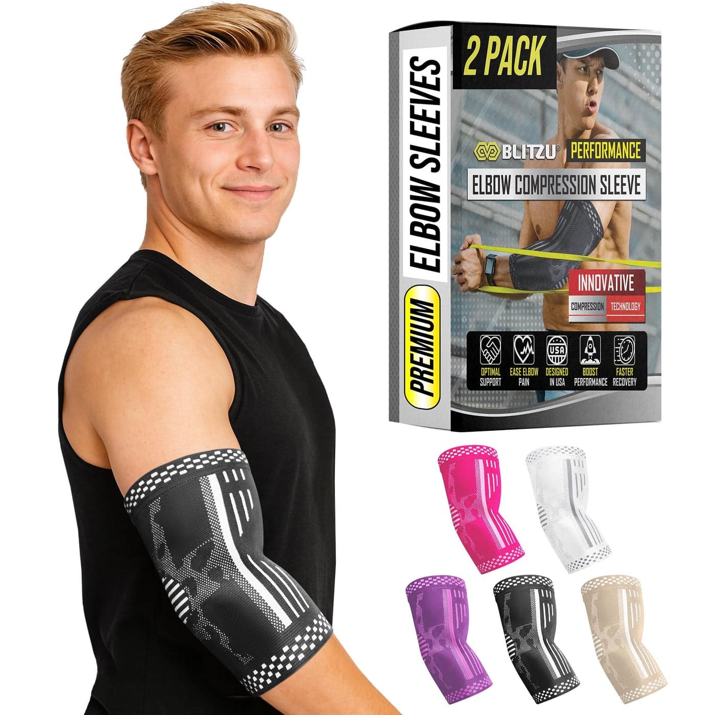 BLITZU Elbow Compression Sleeve for Tendonitis 2 Pack Tennis Elbow Brace Support for Men and Women Golfers Elbow Pain Relief Arthritis Bursitis Arm Brace for Workout Weightlifting Black L