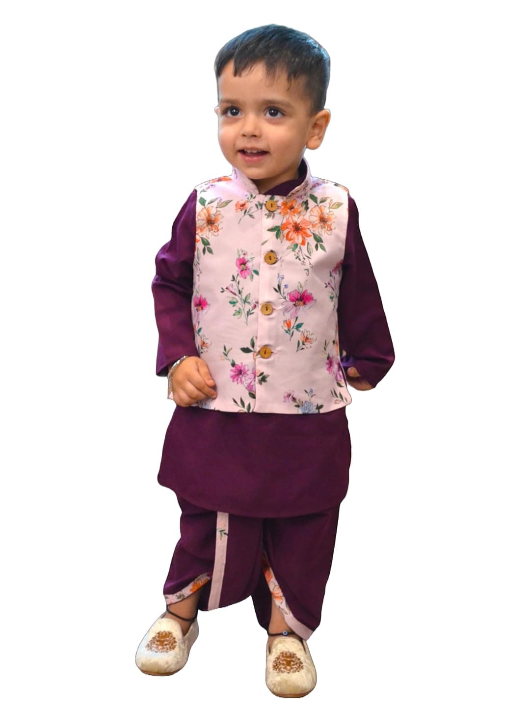 A.T.U.N. (ALL THINGS UBER NICE) Boys Wine Kurta Dhoti with Floral Printed Nehru Jacket (3 Piece Set)
