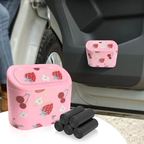 Meorain Mini Car Trash Can with Lid – Cute Strawberry Pink Trash Can for Women with 5 Bags, Girly Automotive Organizer for Front and Back Seat, Car Accessories for Teen Girls, SUV, Truck, Sedan