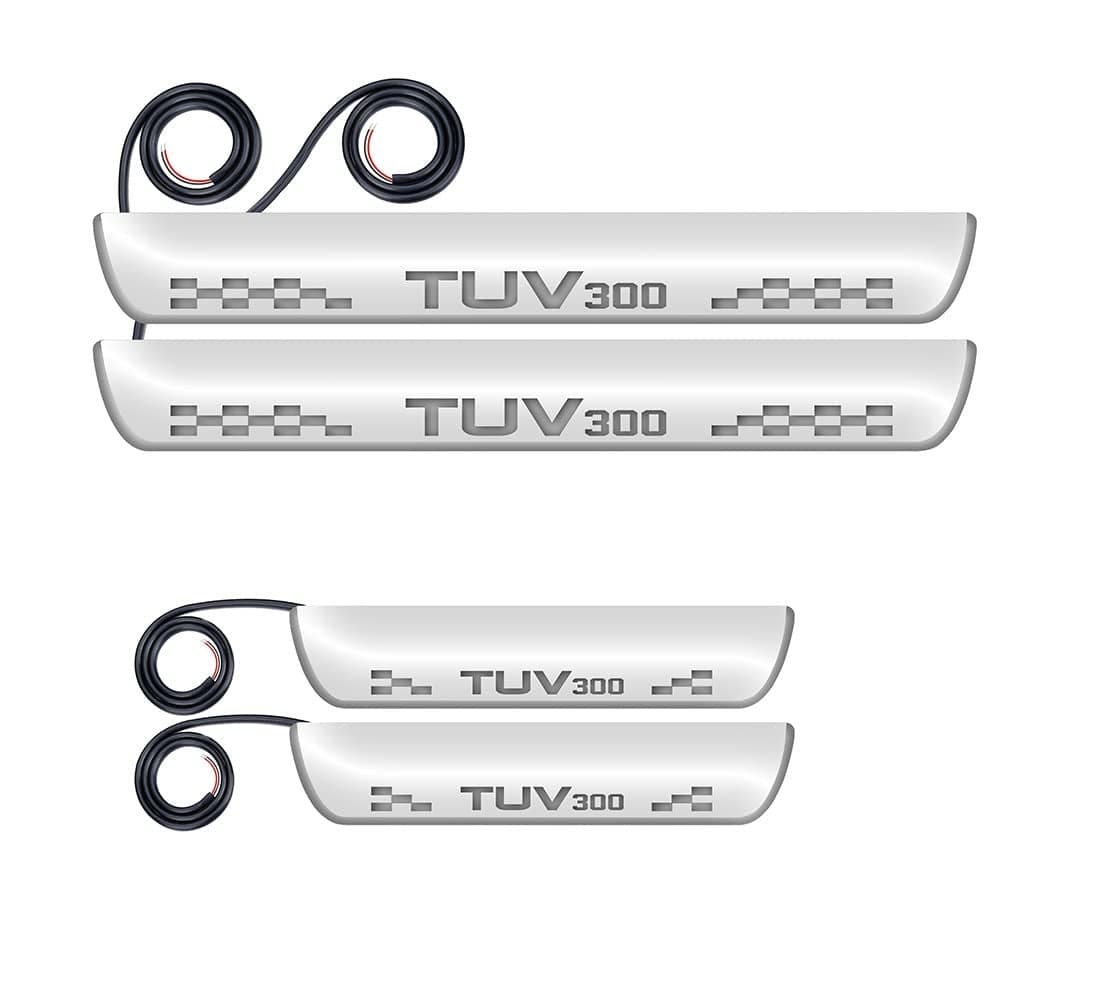 FABTEC Car Door Foot Step Sill Plate with Mirror Finish LED Compatible with Mahindra TUV 300 (Set of 4pc,Blue)(6 Month Warranty)