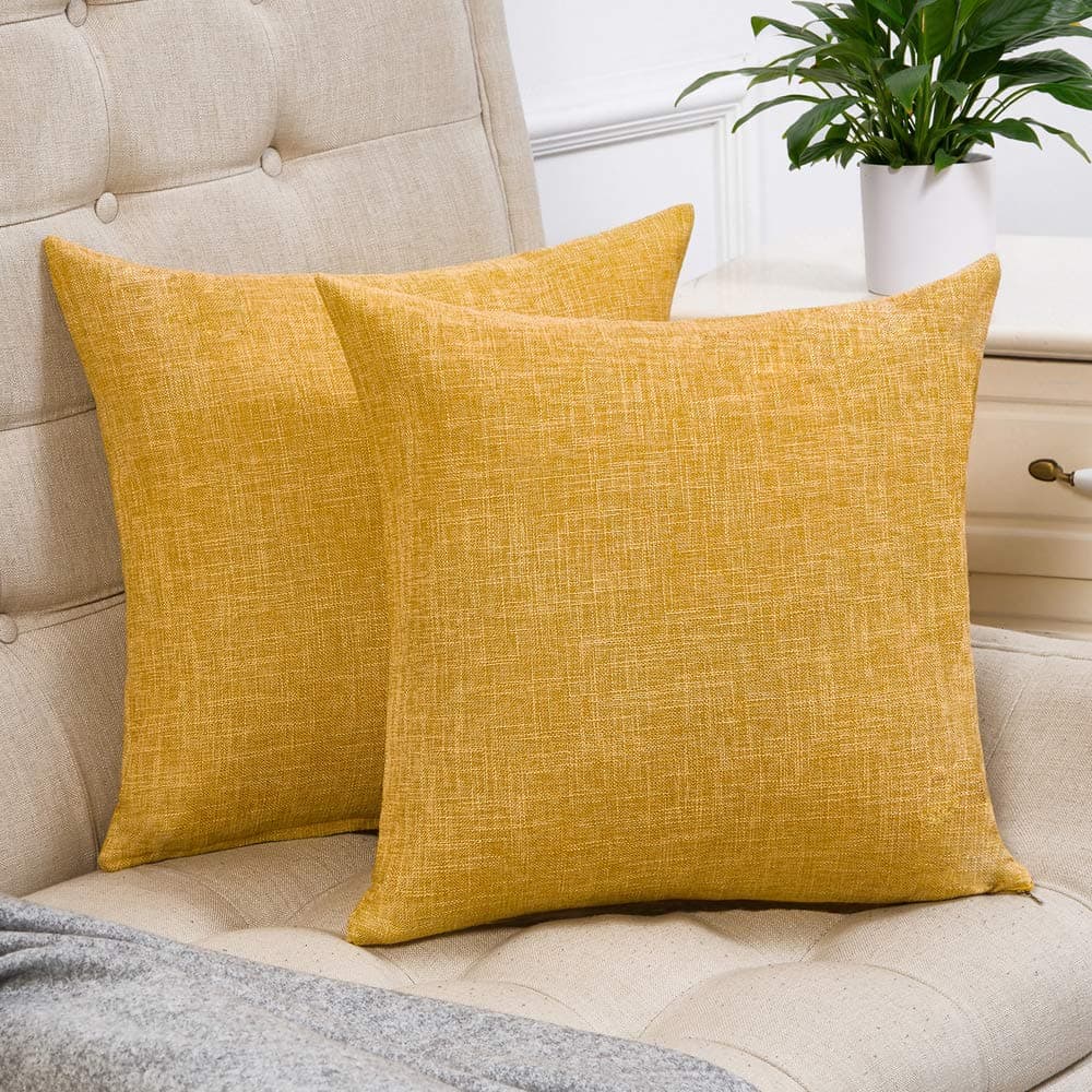 Anickal Set of 2 Mustard Yellow Pillow Covers 18x18 Inch Rustic Linen Decorative Square Throw Pillow Covers for Sofa Couch Decoration
