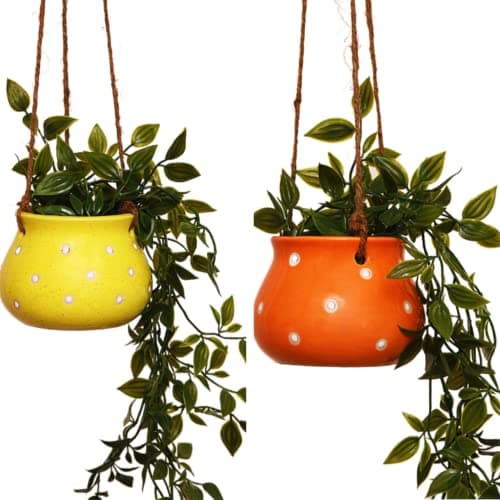 Leafy Tales Hanging Matki Shape Ceramic Pot Set of 2, Pot Only, Multicolor