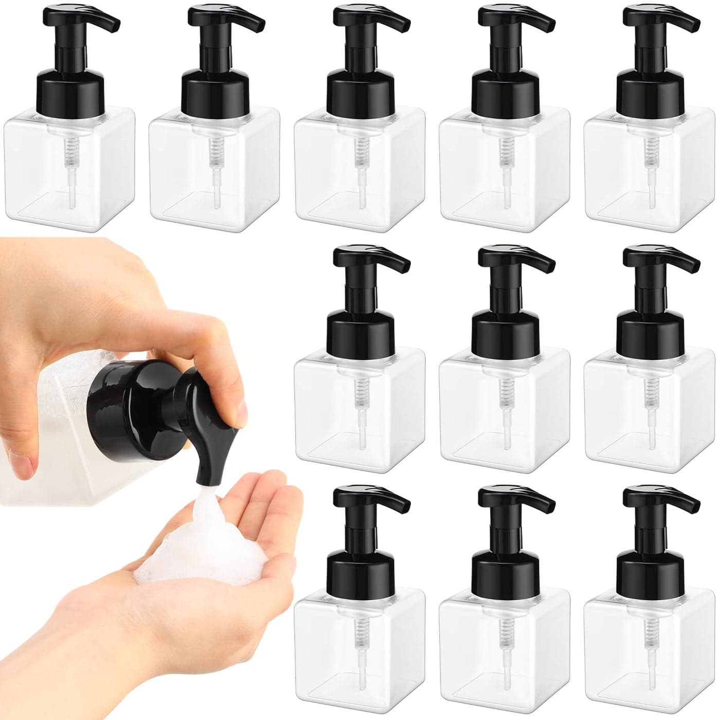 Domensi 12 Pcs Foam Pump Bottle Foaming Soap Dispenser Empty Travel Foaming Dispenser 85 oz Refillable Hand Soap Plastic Pump Bottle Travel Essentials Clear Container for Bathroom Vanities Black