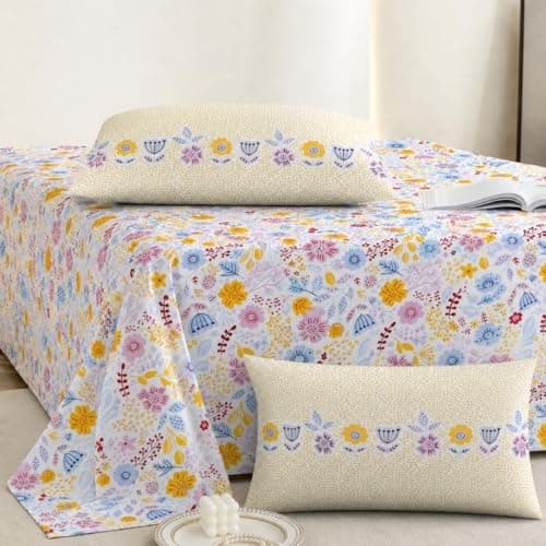 Jaipur Weaves Cotton King Size Bedsheet 108x108 Super King, 100% Pure Cotton Bed Sheet with 2 Pillow Covers, 240 TC Soft Breathable Floral Design Bedding - (Sunny Floral Delight, Super King)