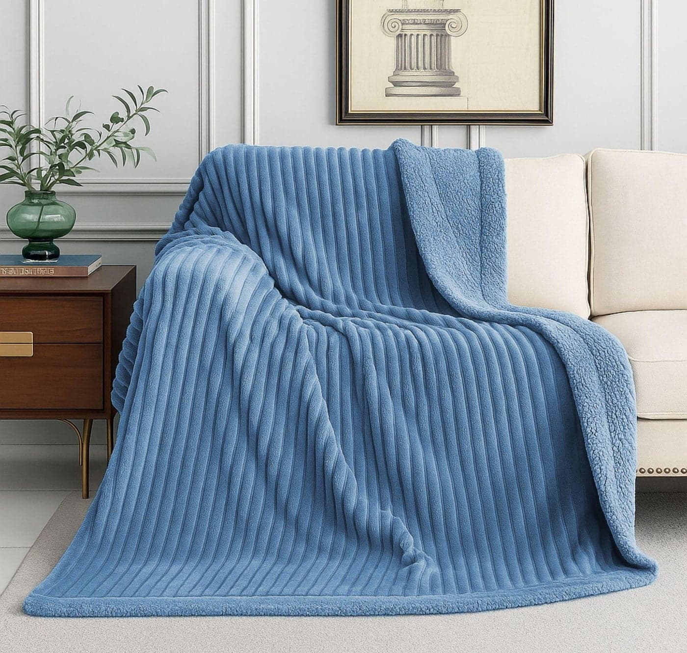 VAS COLLECTIONS Reversible Sherpa Fleece Throw Blanket Plush Flannel Throw, Ultra Soft Warm Ribbed Microfiber All Season/ac Blanket for Sofa Couch Bed, Luxury Thick Striped Blanket, Blue, 220x150 CM,