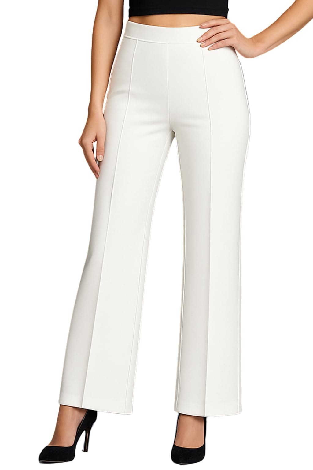 SWADESI STUFF Women’s High Waisted Bell Bottom Pants | Retro Wide Leg Trousers | Stretchy Flared Palazzo Pants for Office, Casual Wear & Party (in, Alpha, M, Regular, White)