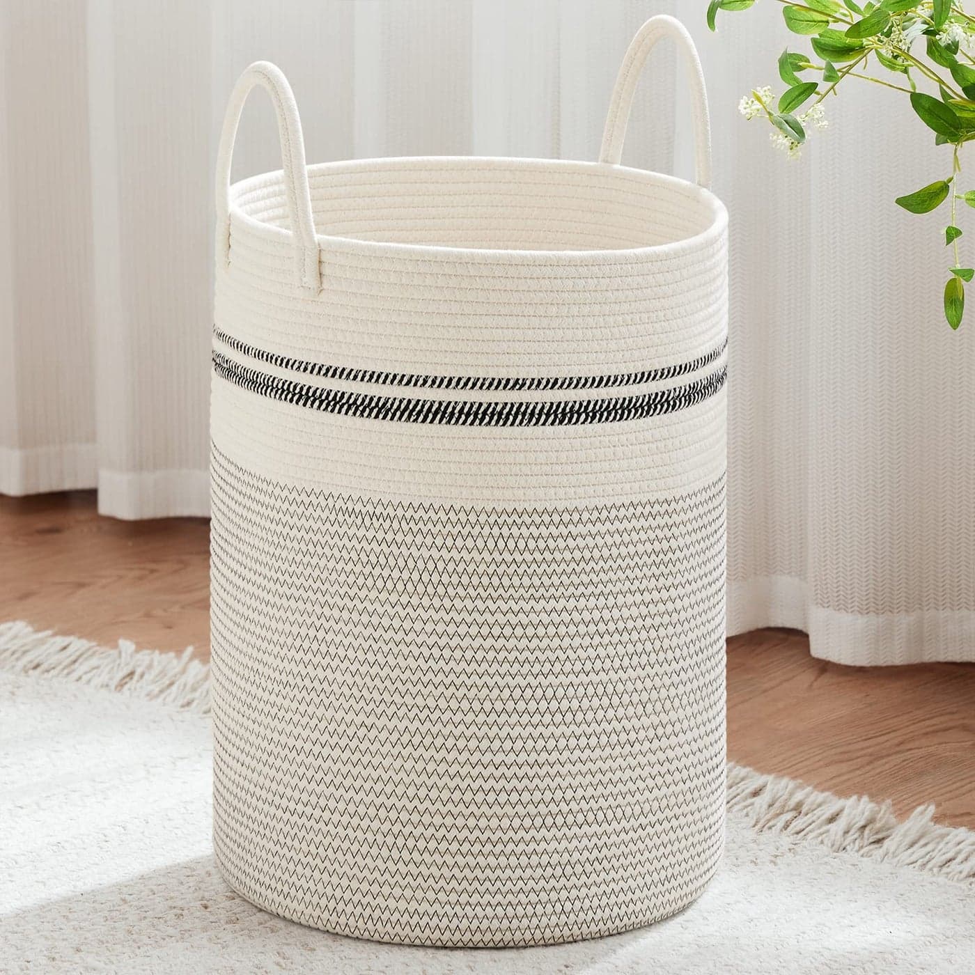 VIPOSCO Large Laundry Hamper Tall Woven Rope Storage Basket for Blanket Toys Dirty Clothes in Living Room Bathroom Bedroom 100L Stripe White