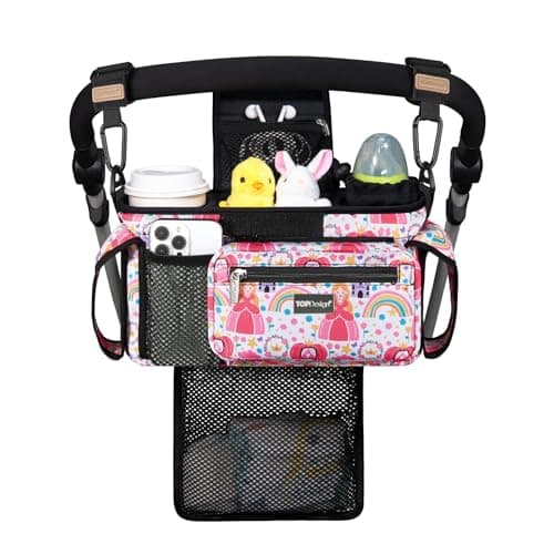 TOPDesign Universal Baby Stroller Organizer Stroller Caddy with Detachable Mesh Bag Heightened Insulated Cup Holders NonSlip Secure Hooks Accessories Fits Most Strollers Pumpkin Princess