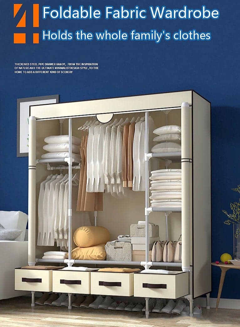 Fabric Wardrobe Clothes Storage Closet with Four Drawer Zipper Foldable Non-Woven Cover Hanging Rod Freestanding Canvas Garment Organizer Rack for Bedroom Home