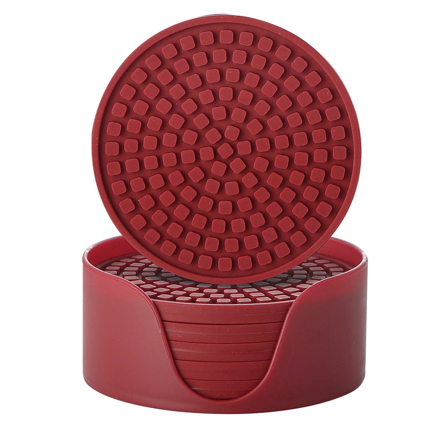 Colinda Silicone Drink Coasters with Holder Set of 6 for Tabletop Protection and Office Desk Cup Mat Set for Home Decor NonSlip and NonStickRound 4 InchMerlot Red