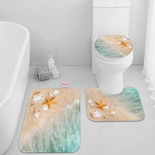 Britimes Bathroom Rug Set of 3, 3 Pieces Bath Mats Set, Beach Starfish No Silp Washable Cover Floor Rug Decorations for Kitchen Bathroom Bedroom