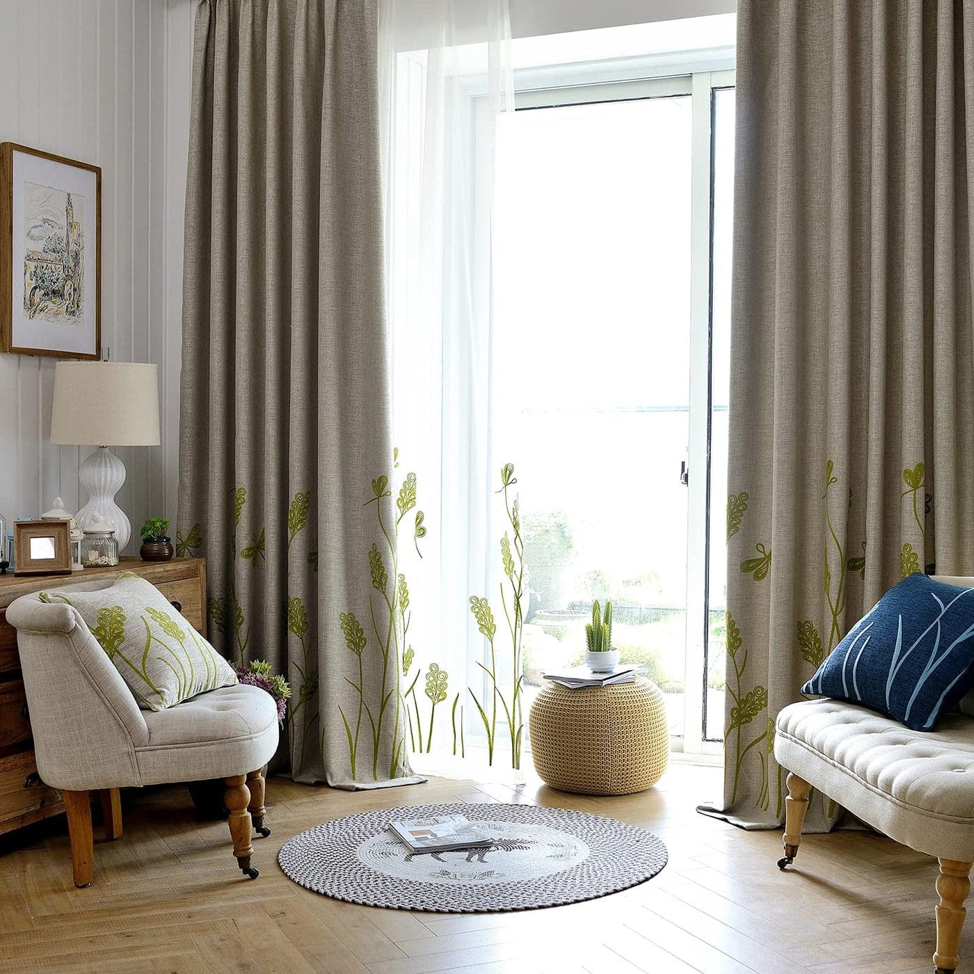 Melodieux Wheat Embroidery Linen Wide Curtains for Living Room Patio Door Large Window Grommet Drape Farmhouse Style BeigeGreen 100 by 96 Inch 1 Panel