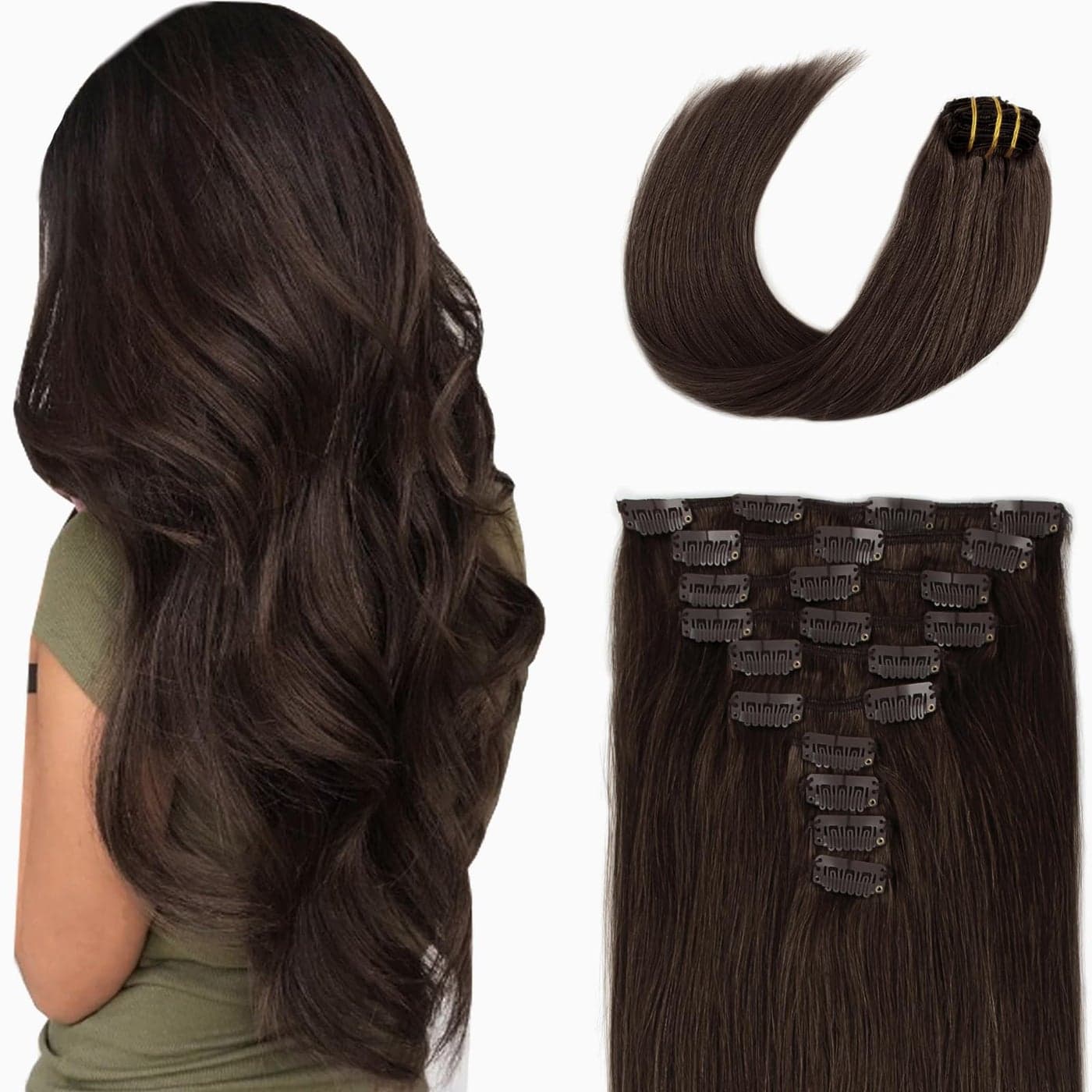 SixStarHair Clip In Hair Extensions Dark Brown 20inch 180g Remy Human Hair Extensions Clip On Weft Silky Straight Full Clip Hair Extensions Color 2 Dark Brown 20inch